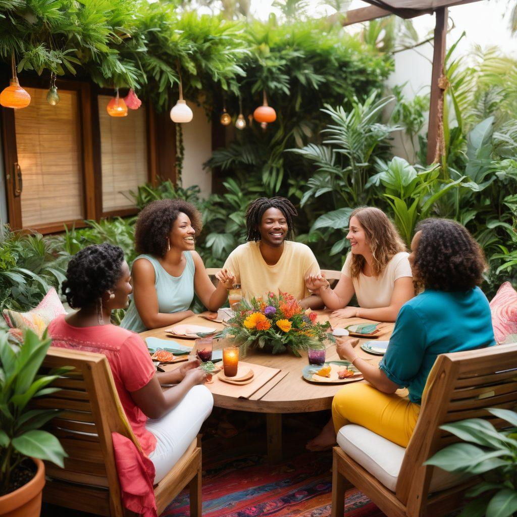 A warm and inviting gathering space filled with diverse individuals engaging in open conversation, surrounded by lush greenery and colorful decorations. Include symbols of joy and connection like intertwined hands and vibrant flowers, reflecting a sense of community and sexual wellness. The atmosphere should exude positivity and support, with soft lighting creating an inviting ambiance. Illustrate inclusivity with a range of identities represented. vibrant colors. serene background.