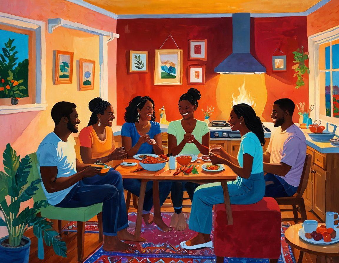 A cozy scene of diverse couples engaged in intimate activities like laughing, cooking together, and sharing secrets in a warmly lit living room. Include elements that symbolize connection such as intertwined hands, heart motifs in the background, and a vibrant, inviting color palette. Showcase various cultural backgrounds to represent inclusivity and love. painting. vibrant colors. warm lighting.