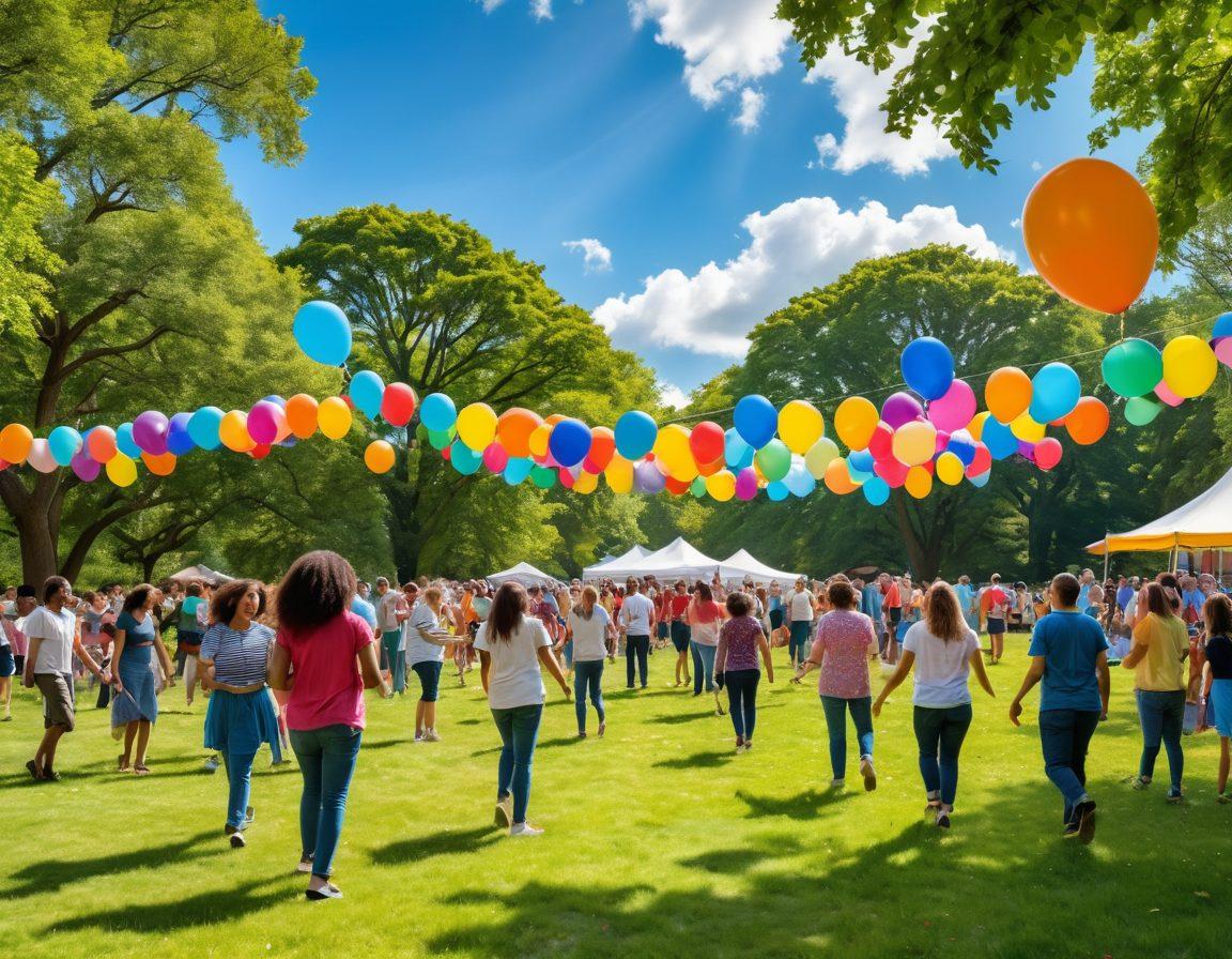 A lively community gathering in a vibrant park, featuring diverse groups of people engaged in joyful activities like dancing, laughter, and sharing food. Colorful banners and balloons decorate the scene, creating a warm and inviting atmosphere. Children play together while adults connect through friendly conversations, showcasing unity and positive connections. The background features lush green trees and a bright blue sky filled with fluffy clouds. super-realistic. vibrant colors. cheerful ambiance.
